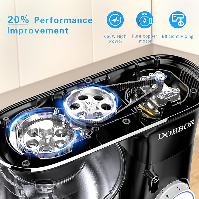 DOBBOR Electric Stand mixer, 9.5QT 660W 6 Speeds Tilt-Head Dough Mixers, Bread Mixer with Dough Hook, Whisk, Beater, Splash Guard for Baking Bread, Cake, Cookie, Pizza, Muffin, Salad and More - Black