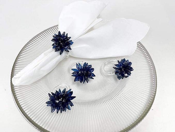 Fennco Styles Crystal Design Collection Napkin Rings - Set of 4 (Navy Blue, 2"x2")