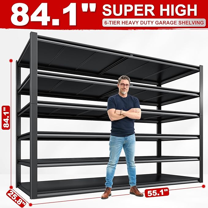 REIBII Storage Shelves, 55.1" W Garage Shelving Heavy Duty, Shelving Unit Load 3500LBS, Adjustable 6-Tier Metal Shelving for Commercial Pantry, Warehouse, Basement, 55.1" W x 25.8" D x 84.1" H