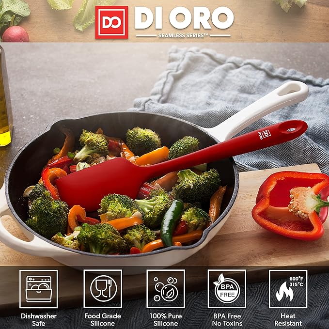 di Oro Living Silicone Spatula Set - 3-piece 600F Heat-Resistant Baking Spoon & Spatulas - Ergonomic Easy-to-Clean Seamless One-Piece Design - Pro Grade Non-stick Rubber with Stainless Steel S-Core Technology! (Red)