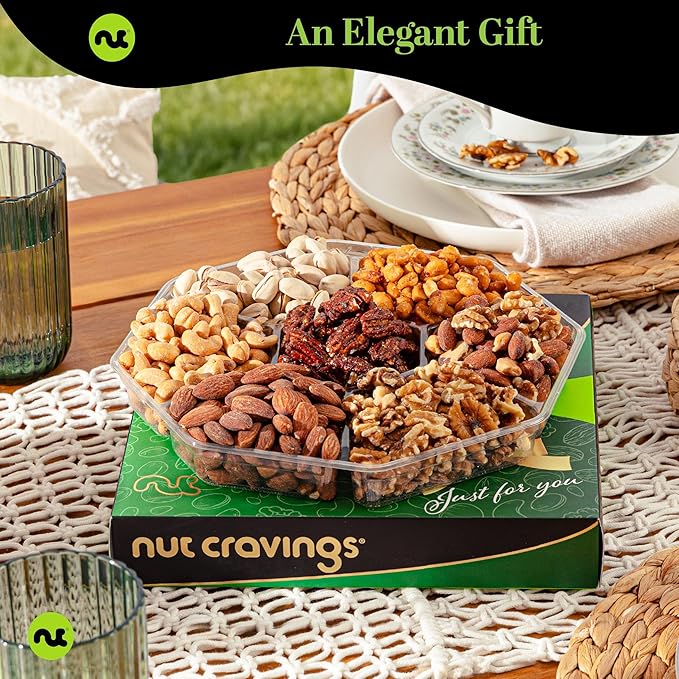 NUT CRAVINGS - Mixed Nuts Gift Basket in Green Gold Box (7 Assortments, 1 LB) Food Arrangement, Healthy Snack Care Package, Food Assortments