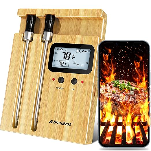 AlfaBot Wireless Meat Thermometer with 2 Meat Probes, 520 FT Bluetooth Meat Thermometer with Digital Food Thermometer for Remote Monitoring of BBQ Grill, Oven