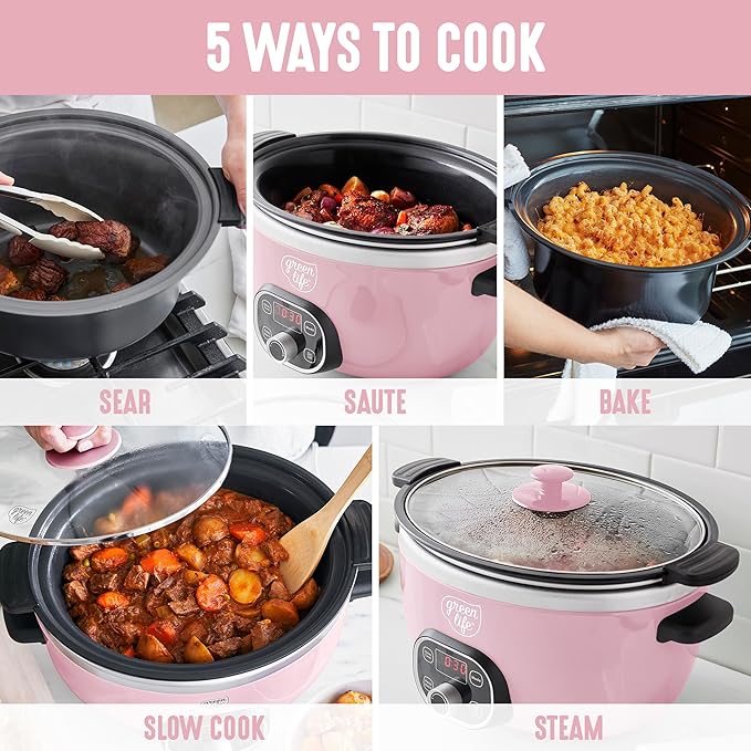 GreenLife 6QT Slow Cooker, Non-Toxic PFAS-Free Ceramic Nonstick Removable Interior Bowl, Programmable, Family Friendly, Keep Warm, Stovetop & Oven Safe, Dishwasher Safe Parts, Timer, Glass Lid, Pink