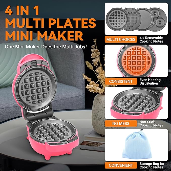 Baker's Friend 4 in 1 Waffle Maker Set: Mini Doughnut & Waffle Maker, Removable Plates, Compact, Recipe Included, Red