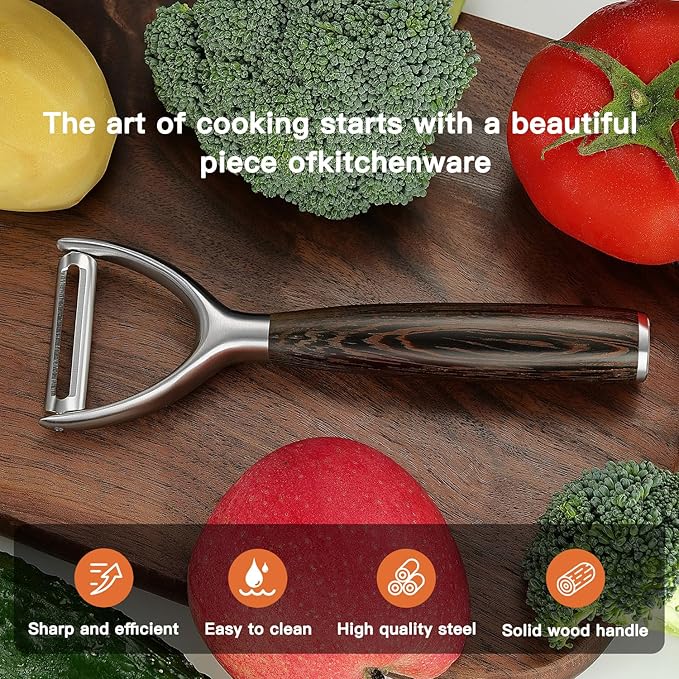 Premium Y Type 304 Stainless Steel Multifunctional Kitchen Peeler Real Wood Handle Ultra Sharp Blade Vegetable Potato Apple(Wenge)