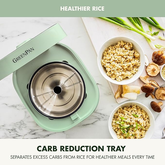GreenPan Rice Cooker, 8 Cups Cooked (4 Uncooked), Low-Carb & Soup Mode,10 ONE-TOUCH Cooking Presets, PFAS-Free Ceramic Steamer Basket, Fuzzy Logic, Auto Keep Warm, Oats, 24HR Delay Timer, Mint Green