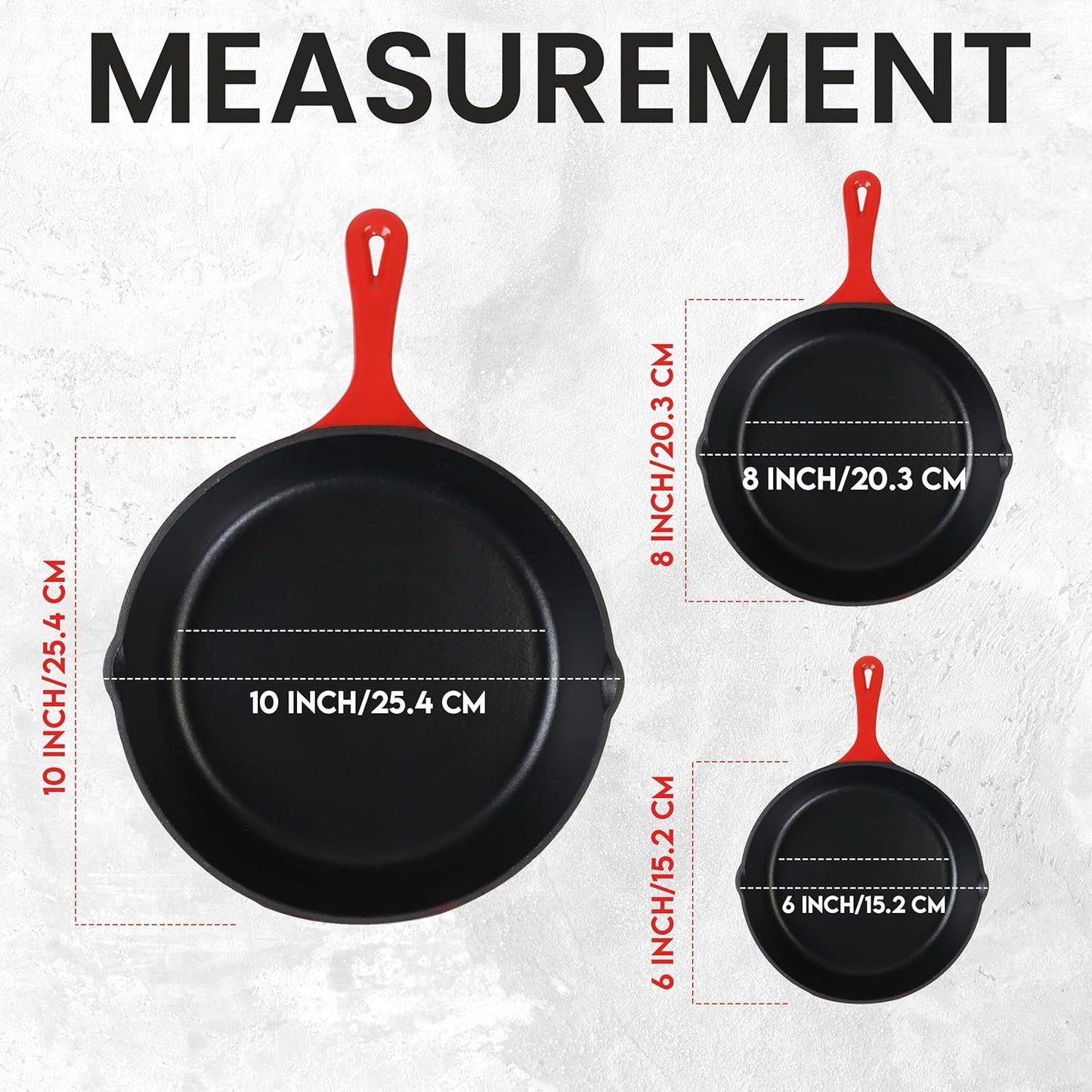 Utopia Kitchen Cast iron Skillets 3 Piece Set,Chefs Pan, Pre Seasoned Cast iron Skillets, 6, 8 & 10 Inches, Easy Use in the Oven, Stove, Grill, or Campfire, Red