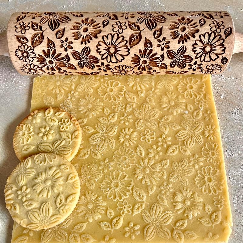 FLOWER MIX Embossing Rolling Pin with Flowers Pattern. Dough and Clay Roller for Embossed Cookies and Pottery. Cookie and Ceramic Stamp. Backing Gifts for Women by Algis Crafts