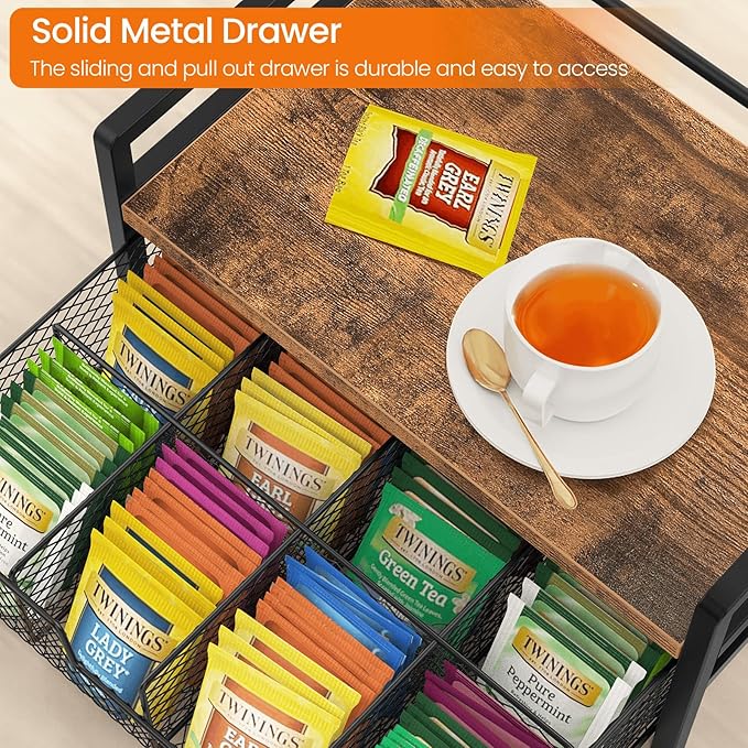 Homode Tea Bag Organizer, Wood Tea Organizers and Storage Chest, Teabag Holder with Storage Drawer,Tea Station Chest Display Container Box for Countertop Kitchen, Rustic Brown