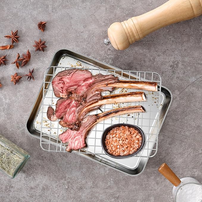 Toaster Oven Pan with Rack Set (2 Small Baking Sheets+2 Grill Racks), 9 x 7 Inch Stainless Steel Small Cookie Sheets Bacon Tray with Grid Cooling Racks for Baking Roasting Grilling, Dishwasher Safe