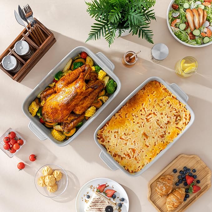 MALACASA Lasagne Dishes for Oven, 4.8 Qt Ceramic Oven Dish with Handles, 9 x 13 Inch Deep Rectangular Baking Dish Casserole Dishes, Grey Lasagna Pan Bakeware for Roasting, Series TARA