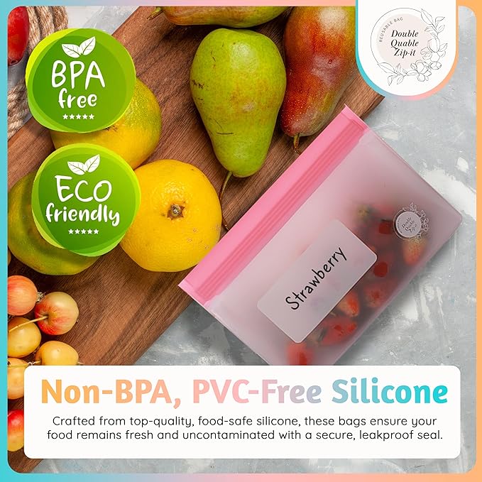 Reusable Silicone Food Storage Bags – 6-Pack Stand-Up, BPA-Free, Freezer, Dishwasher Safe & Eco-Friendly – 6 Gallon Bags – Airtight Leakproof, Organization and Storage Baggies (Multicolor (Green))