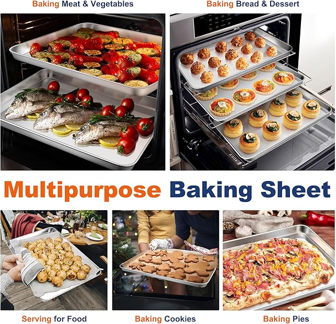 P&P CHEF 16 Inch Baking Cookie Sheet, Oven Pan Tray Stainless Steel Sheet Pan for Kitchen, Oven Bakeware for Multi Uses, Shiny Look & Dishwasher Safe, Healthy & Heavy Duty, 2Pcs