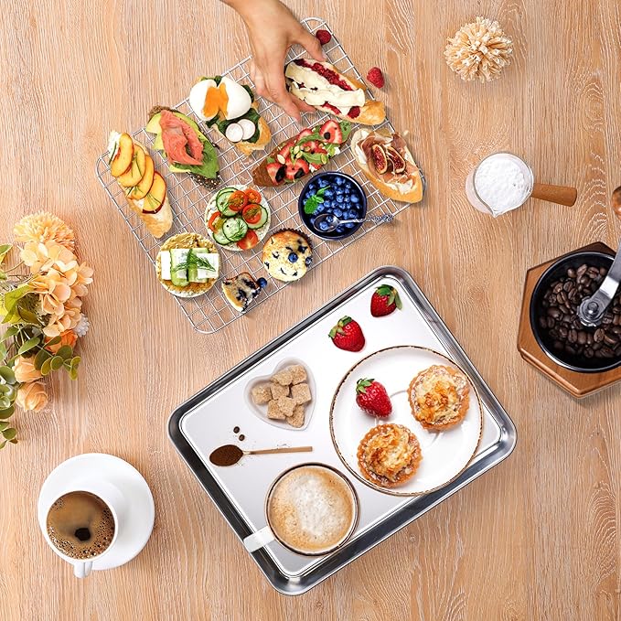 Baking Sheet with Wire Rack Set, Homikit Stainless Steel Quarter Sheet Pan with Grid Cooling Rack for Toaster Oven Roasting, Metal Bacon Cookie Trays Nonstick Jelly Roll Pan, 12" x 10" x 1 Inch