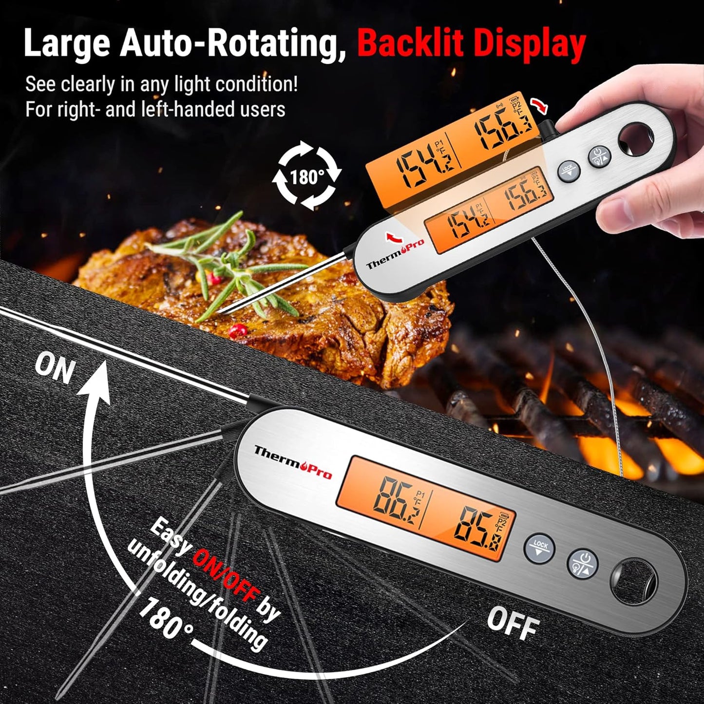 ThermoPro TP610 Digital Meat Thermometer for Cooking, Rechargeable Instant Read Food Thermometer with Rotating LCD Screen, Waterproof Cooking Thermometer with Alarm for Grilling, Smoker, BBQ, Oven