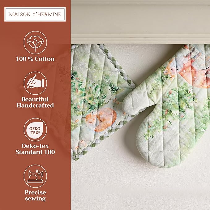 Maison d' Hermine 100% Cotton Oven Mitt & Pot Holder Set (7.5"x13" & 8"x8") Heat Resistant BBQ Cooking Gloves with Loop, Baking, Grilling, Kitchen, Handling Hot Pans (Winter Mornings)