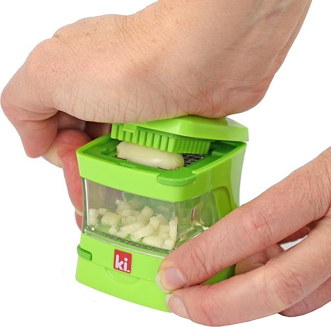 Garlic-A-Peel Garlic Press, Crusher, Cutter, Mincer, and Storage Container - Includes Silicone Garlic Peeler - Easy to Clean - Stainless Steel Blades – (Green), standard