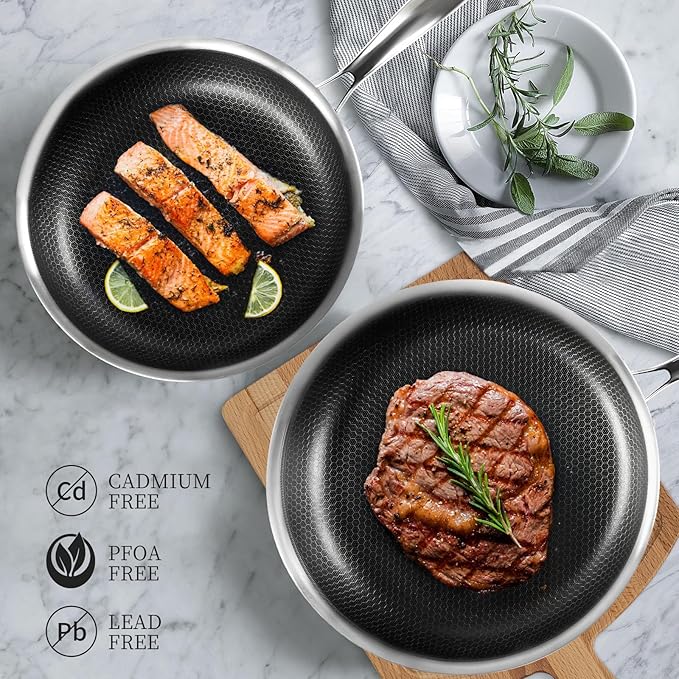 Stainless Steel Frying Pan Set with Lid 10" and 12" Nonstick Honeycomb Coatings Skillet Set 2pcs W/Stay Cool Handle,Works Pan for Cooking with Induction Gas Stovetops