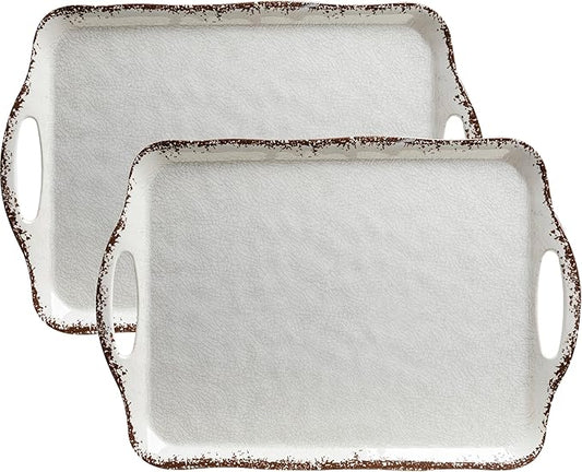 LEHAHA Vintage White Large Serving Tray with Handles, 17.25x12 inch, Set of 2 Melamine Platters for Serving Food, Turkey, Cookie, Rectangular Trays for Eating, Crackled Finish with Rustic Raised Rim.