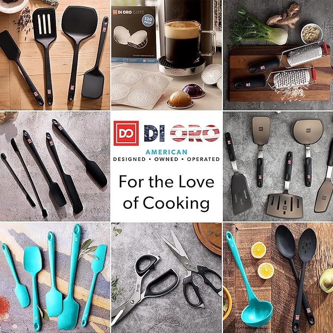 DI ORO Silicone Spoons for Cooking - Large Kitchen Utensils for Mixing, Serving, & Stirring - 600F Heat-Resistant Non Stick - Big Solid & Slotted Basting Spoons - Dishwasher Safe (2pc, Stone)