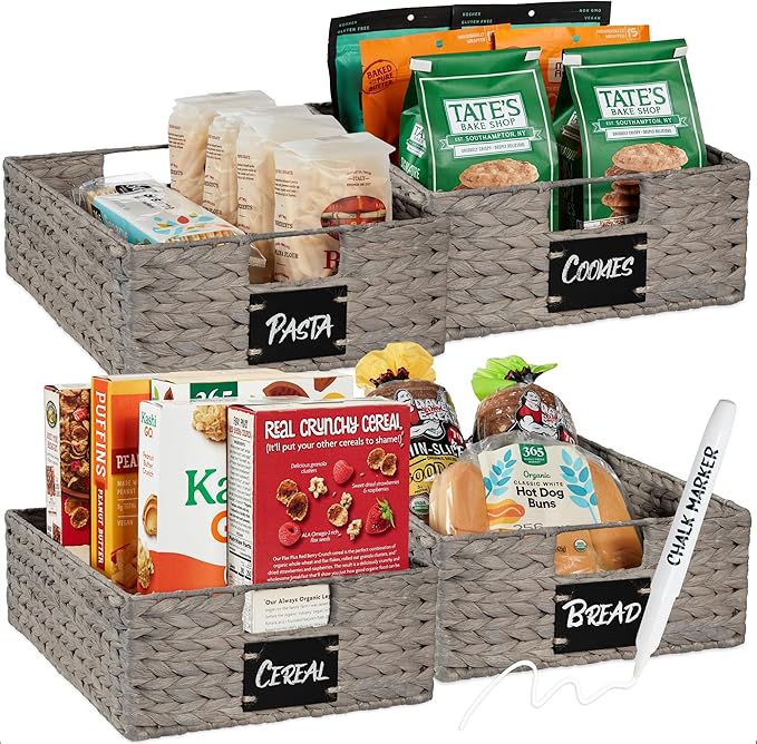 Best Choice Products Set of 4 16x12in Large Water Hyacinth Pantry Baskets, Woven Organizers w/Chalkboard Label, Chalk Marker - Gray