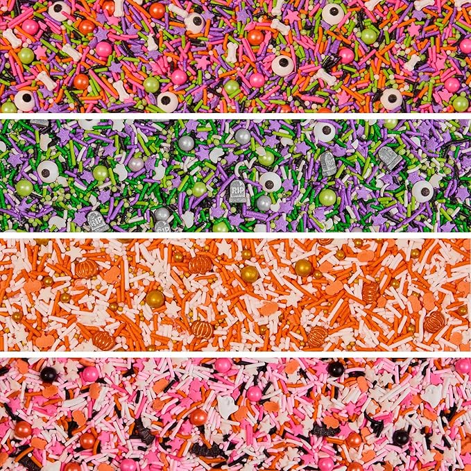 Fancy Sprinkles Limited Edition Halloween House of Horrors Sprinkle Set Dessert Decorating Sprinkles, Real Sugar, Featuring: Graveyard Shift, Drop Dead Gorgeous Harvest Glow and Glam Reaper (0.5c)