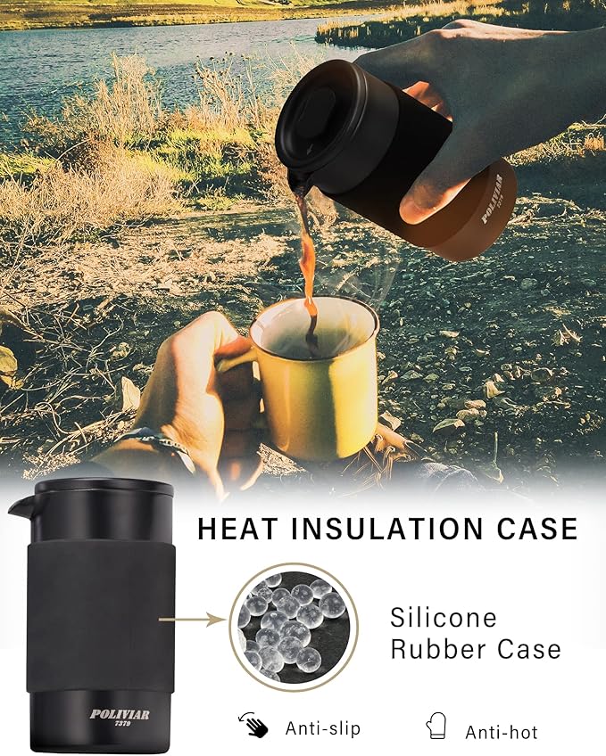 POLIVIAR French Press Coffee Maker, 12 oz Portable French Press with Mini Canister and Collection Bag, Double Wall Insulation & Dual- Filter Screen, Food Grade Stainless Steel for Coffee