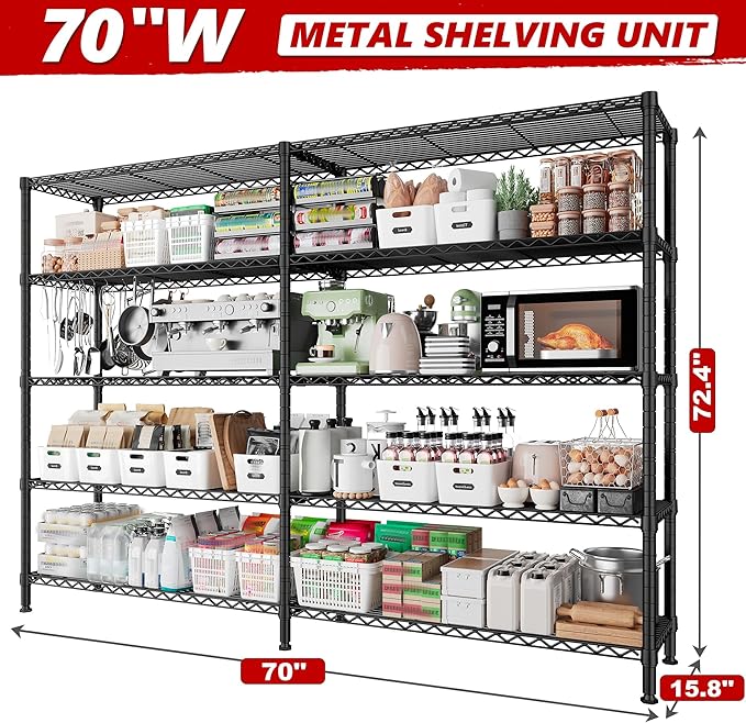 REIBII 70"W Storage Shelves Load 1600LBS, Metal Shelving 5-tier Wire Shelving Unit Metal Shelves for Storage Adjustable Garage Shelving for Pantry Kitchen Garage Commercial school 70"W*15.8"D*72.4"H