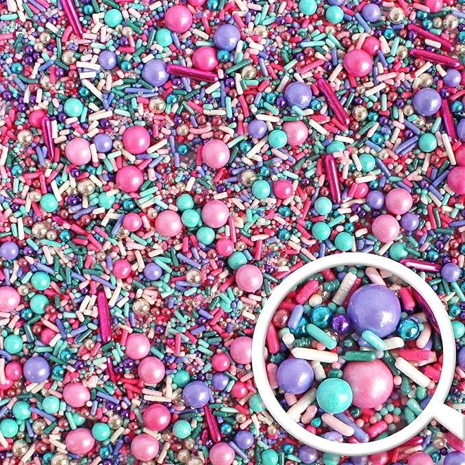 Sprinkle Pop Mermaid Glam Sprinkle Mix| Pink Aqua Fuchsia Lavender Purple Sprinkles with Silver Metallic Dragees| Decorating Sprinkles Made in USA for Girl Birthday Cupcakes Donuts Cakes Cookies, 4oz