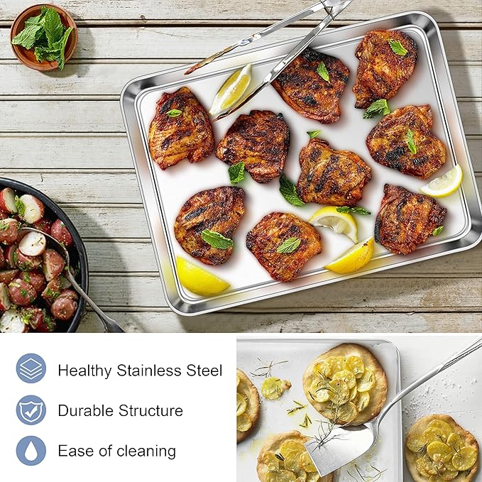 E-far Stainless Steel Baking Sheets Set of 4, 12.4” x9.7” Baking Cookie Sheets Pans for Oven, Non-toxic Metal Trays for Cake Cookies, Healthy & Rust Free, Mirror Finish & Dishwasher Safe