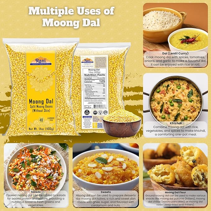 Rani Moong Dal (Split Mung Beans Without Skin) Lentils Indian 14oz (400g) ~ All Natural | Gluten Friendly | Non-GMO | Kosher | Vegan | Indian Origin