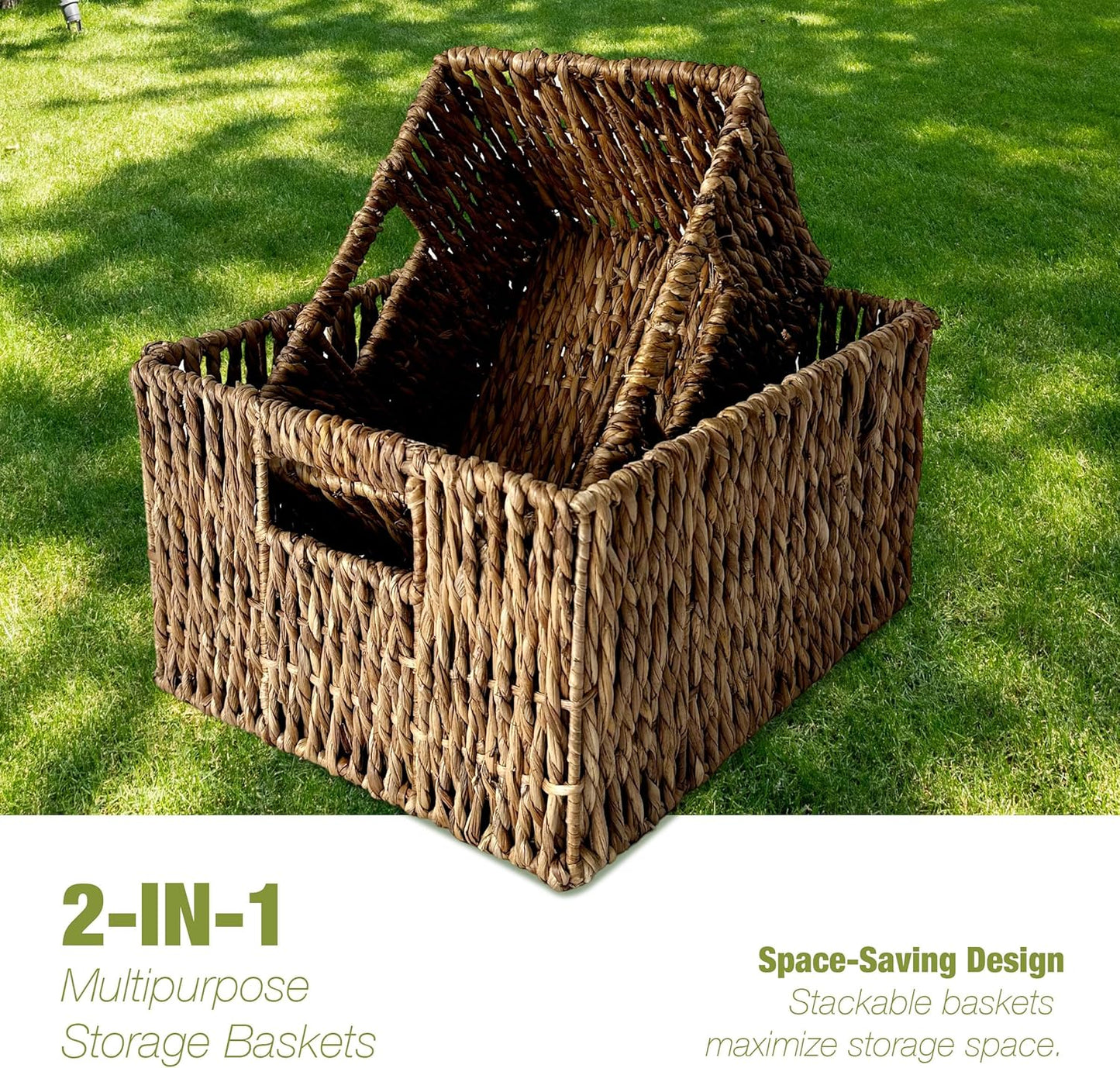 Wicker Basket Set – Stackable Storage Bins for Organizing Pantry & Kitchen – 1 Medium Basket + 1 Small Baskets with Handle – Wicker Storage Baskets for Shelves & More