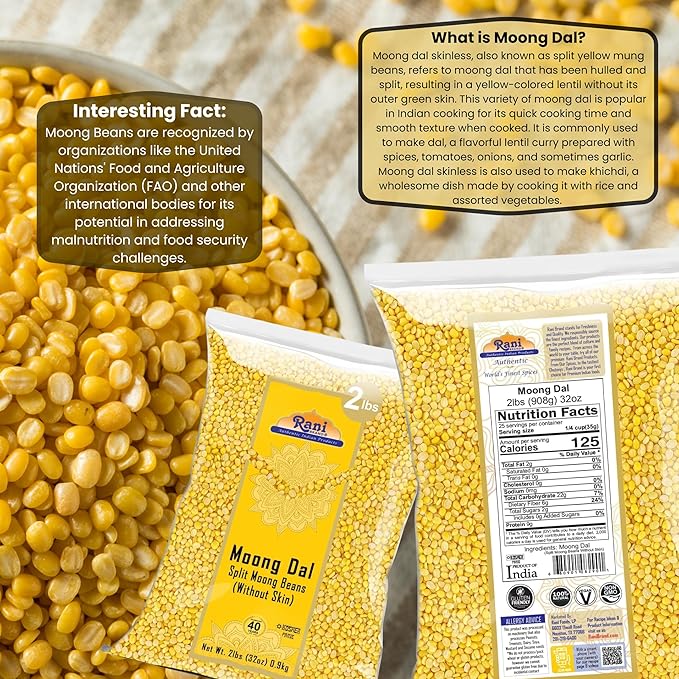 Rani Moong Dal (Split Mung Beans Without Skin) Lentils Indian 32oz (2lbs) 908g ~ All Natural | Gluten Friendly | Non-GMO | Kosher | Vegan | Indian Origin