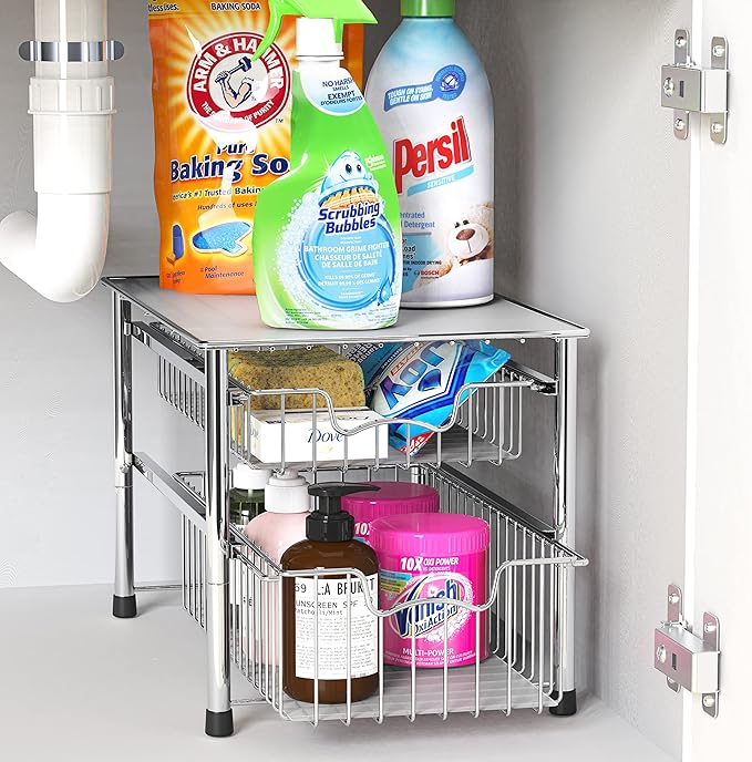 Simple Houseware Stackable 2 Tier Sliding Basket Organizer Drawer, Chrome