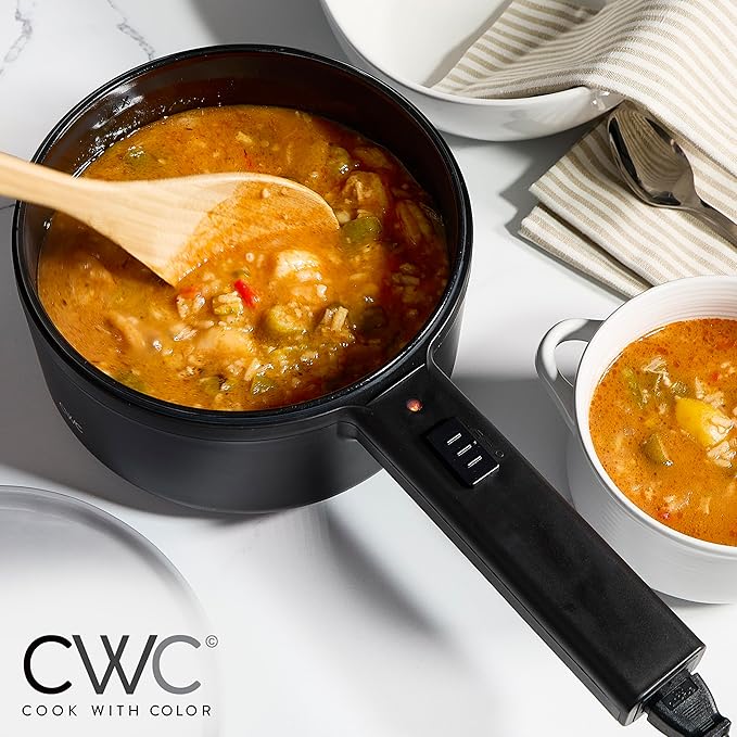 COOK WITH COLOR Electric Hot Pot, 1.6L Mini Cooker, 700W Power, Non-Stick Surface, Thermal Cut-Out Protection, Perfect for Rice, Noodles, Soups, Stews, Dorms, Apartments, and Small Kitchens, Black