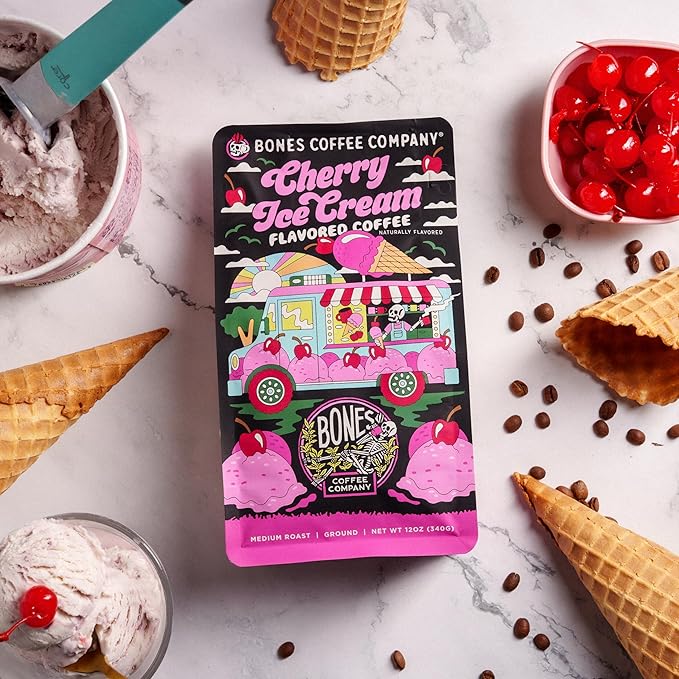 Bones Coffee Company Cherry Ice Cream Flavored Coffee, Medium Roast Low Acid Arabica Beans Compatible with Auto drip and French Press Coffee Maker, 12 Oz Whole Bean