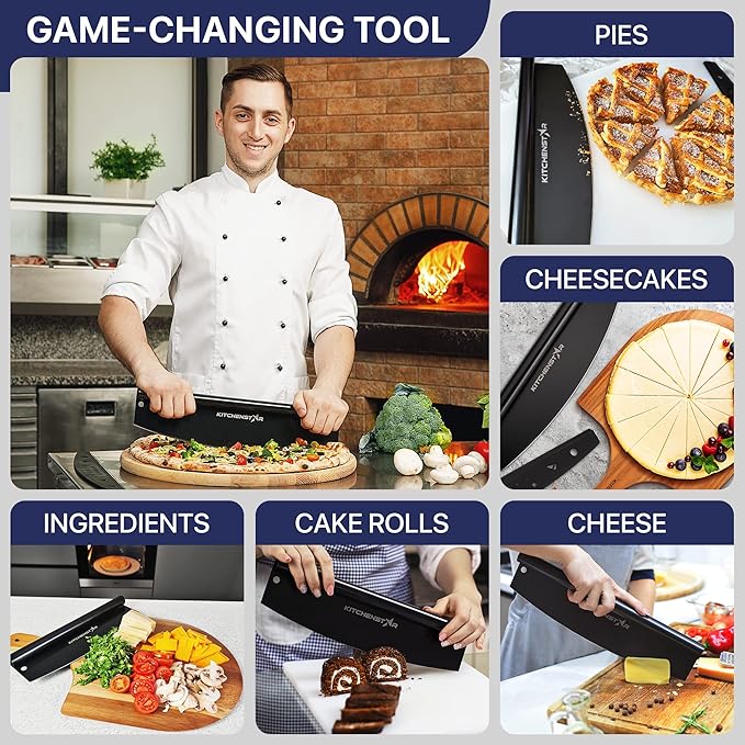 KitchenStar 18-Inch Pizza Cutter Rocker Blade - Sharp Stainless Steel Slicer Knife, Protective Cover, Black Nonstick, Extra Large - Commercial Pizza Oven Accessories