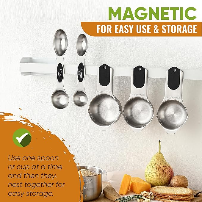 Spring Chef Magnetic Measuring Cups & Spoons Set (Patent Pending), Strong N45 Magnets, Heavy Duty Stainless Steel Fits in Spice Jars for Baking & Cooking, BPA Free, Round Set of 9, Black