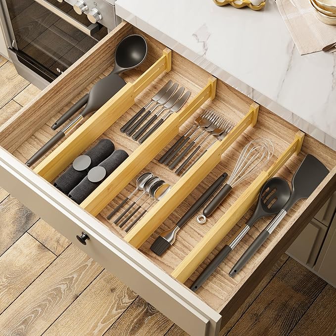 BAMEOS 4 pcs 3" High Bamboo Drawer Dividers Adjustable Drawer Organizer Expandable Drawer Organization Utensil Organizers for Kitchen Dresser Bathroom Bedroom and Office