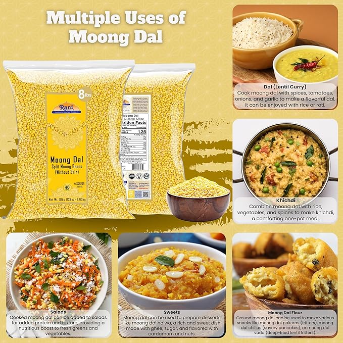 Rani Moong Dal (Split Mung Beans Without Skin) Lentils Indian 128oz (8lbs) 3.63kg Bulk ~ All Natural | Gluten Friendly | Non-GMO | Kosher | Vegan | Indian Origin