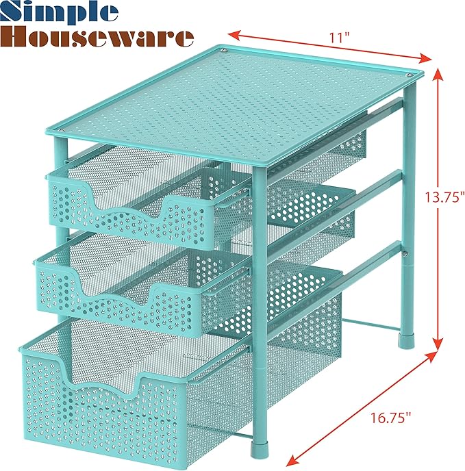 Simple Houseware Stackable 3 Tier Sliding Basket Organizer Drawer, Turquoise