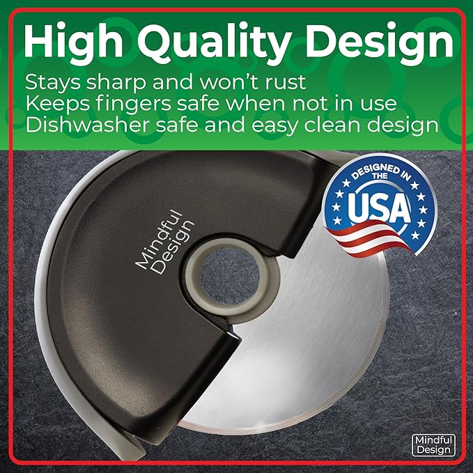 Mindful Design Pizza Cutter Wheel with Protective Blade Cover, Easy to Clean and Dishwasher Safe Handheld Pizza Slicer