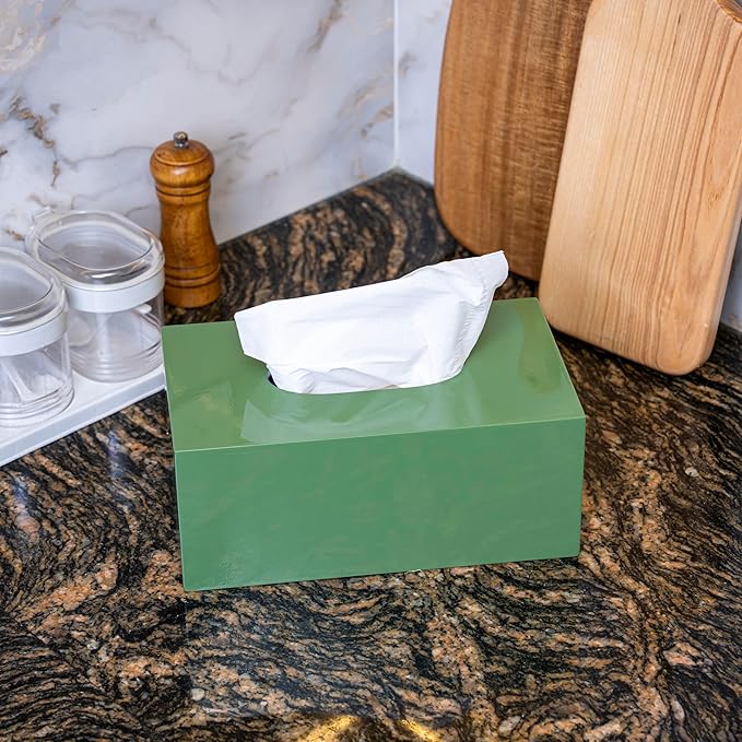 PEMAR Rectangular Lacquer Tissue Box, Handmade Rectangle Tissue Holder Decorative Napkin Dispenser Organizer Rustic Farmhouse Vintage Decor (Green)