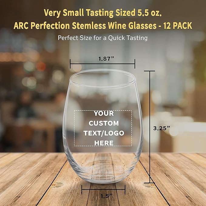 Custom Stemless Wine Glasses by ARC 5.5 oz. Set of 12, Personalized Bulk Pack - Perfect for Hotel, Bar, Restaurant or Lounge - Clear