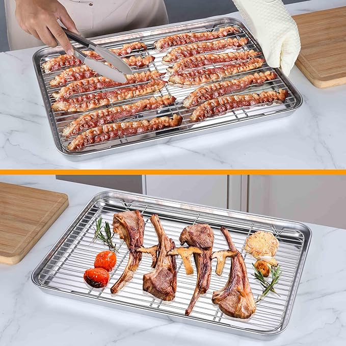Homikit Baking Sheet Pan with Wire Cooling Rack Set, 20" x 14" Large Nonstick Stainless Steel Cookie Sheets Tray for Oven, Big Metal Bakeware Bacon Pans for Baking Cooking, Dishwasher Safe
