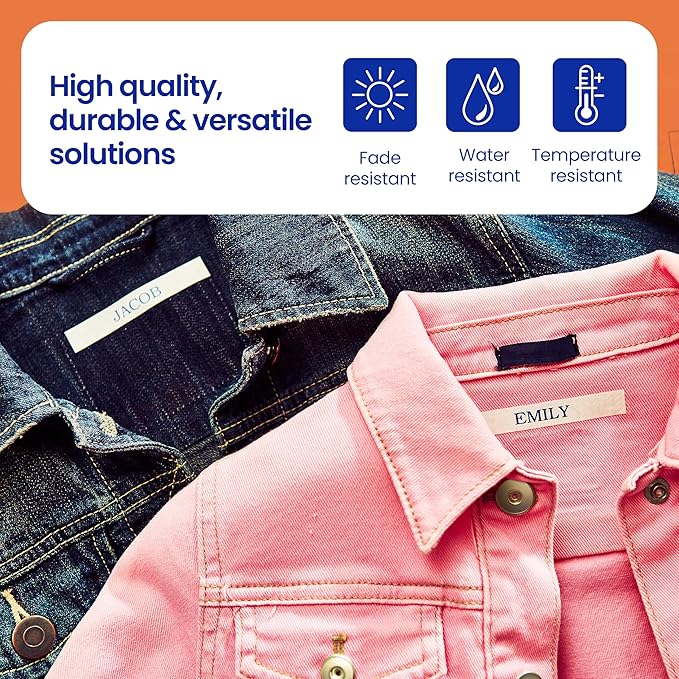 Brother Genuine P-Touch TZe, Navy Blue Print on White Fabric Label Tape (TZeFA3),1/2in x 9.8ft (12mm x 3m), for Select P-Touch Label Makers, Can be Ironed onto Virtually Any Cotton Item, Washable