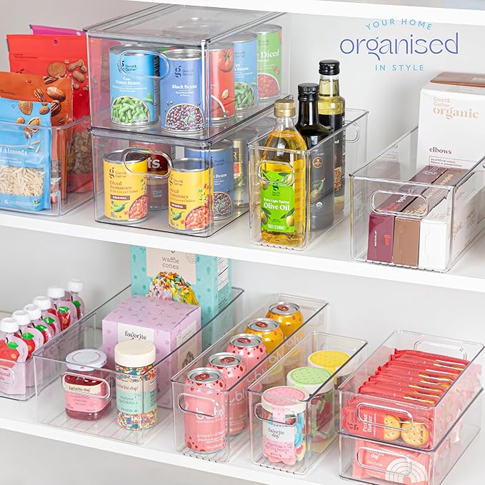 Plastic Food Storage 4 Pack Clear Container Bin with Handles for Organizing Kitchen, Pantry, Refrigerator, Freezer, Pantry, Cabinet, Closet, Bathroom. 10”x4”x6”