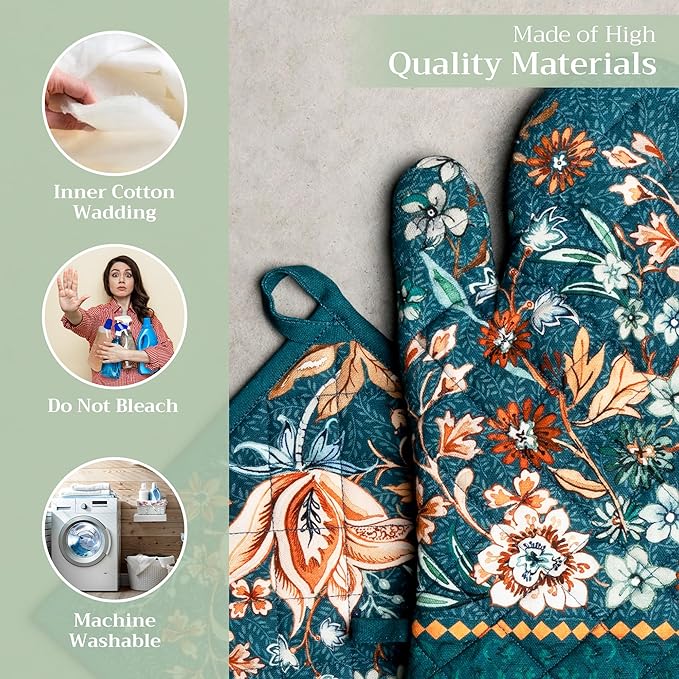 Maison d' Hermine 100% Cotton Oven Mitt & Pot Holder Set (7.5"x13" & 8"x8") Heat Resistant BBQ Cooking Gloves with Loop, Baking, Grilling, Kitchen, Handling Hot Pans (Luxury Loft-Dark Teal)