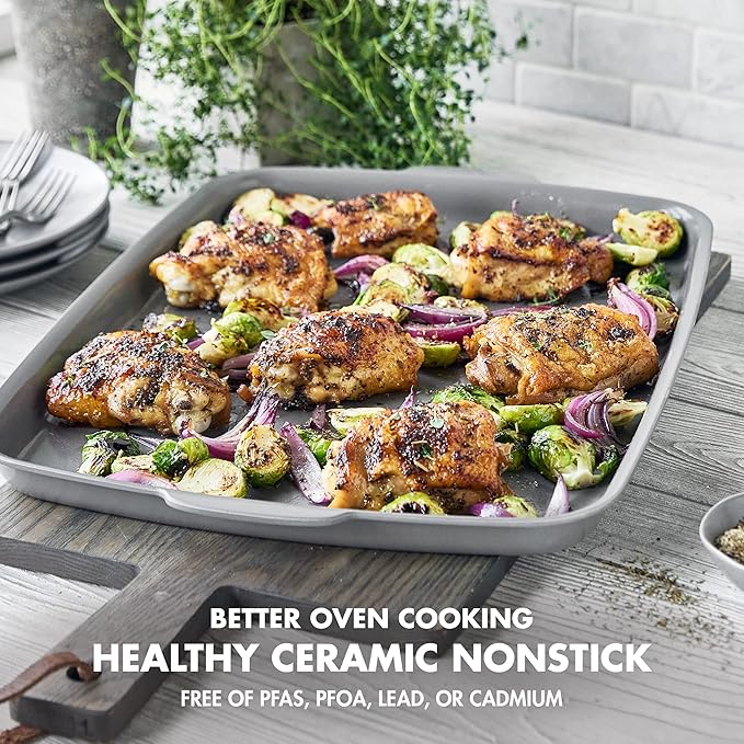 GreenPan Premiere Ovenware Healthy Ceramic Nonstick 13" x 9" Quarter Sheet Baking Pan, PFOA & PFAS-Free, Warp-Free Bakeware, Durable Quick Heating, Oven & Broiler Safe to 600F, Dishwasher Safe, Gray