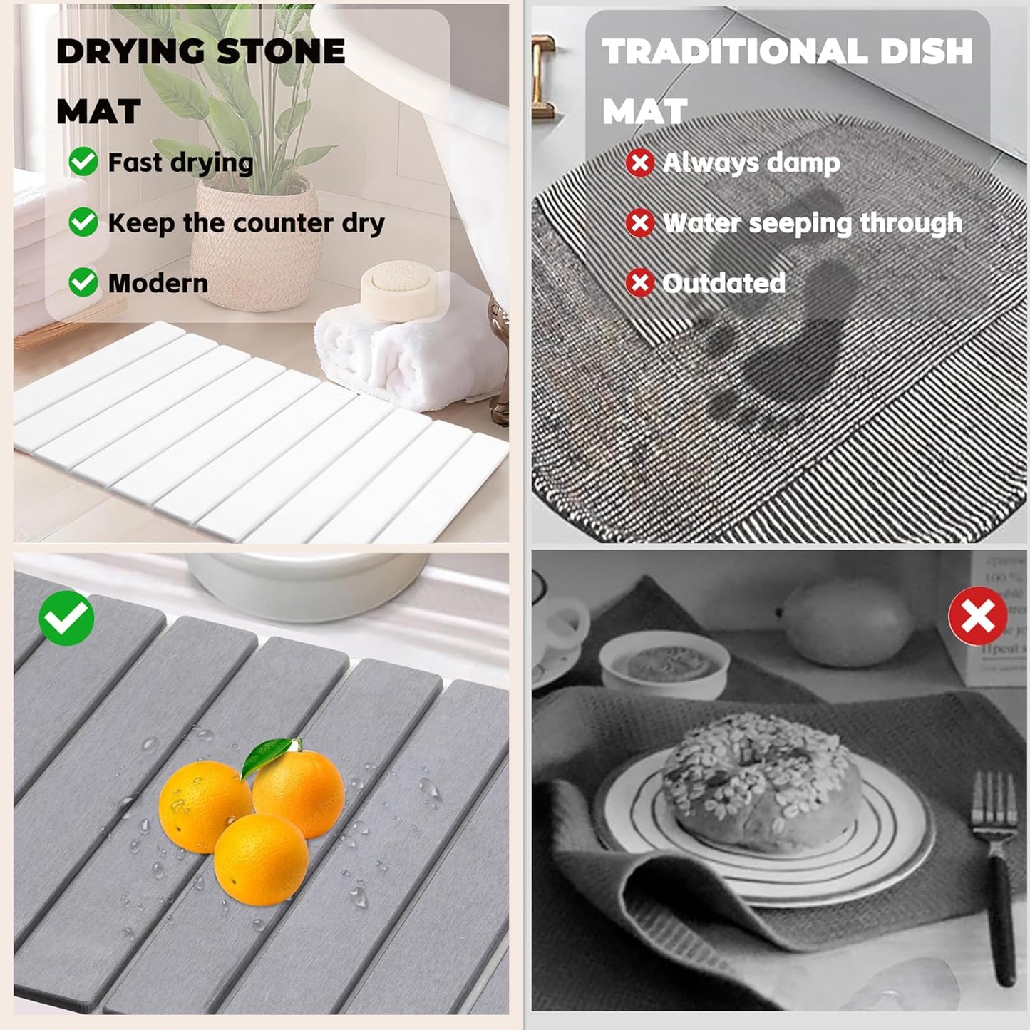 Quick Dry Collapsible Dish Drying Mat, Eco-Friendly Absorbent Diatomaceous Earth Mats for Dishes Bottles Cups 24"×16"Large Stone Dish Drying Mats for Kitchen Counter (White, 24"（L）×16"（W）)